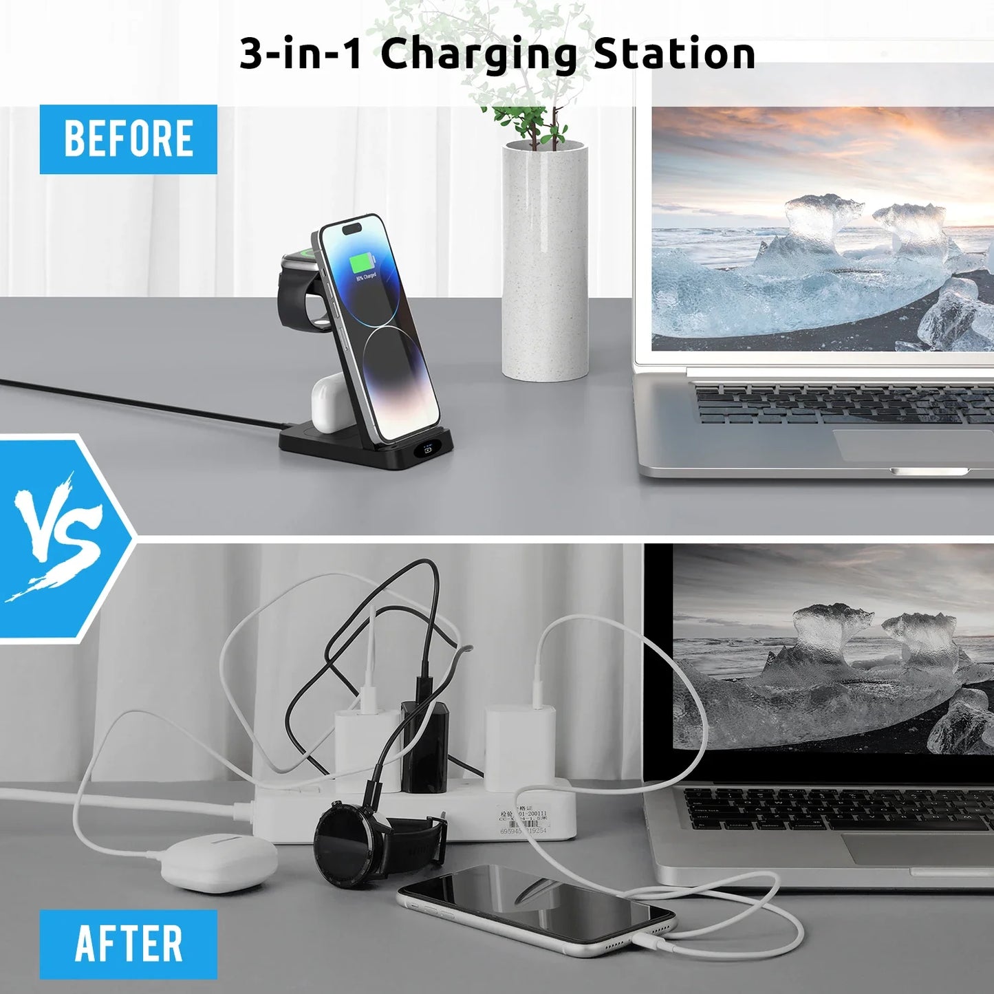 3-in-1 Foldable Wireless Charging Station for iPhone, Apple Watch & AirPods – 15W Fast Charger Dock Stand