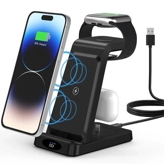 3-in-1 Foldable Wireless Charging Station for iPhone, Apple Watch & AirPods – 15W Fast Charger Dock Stand